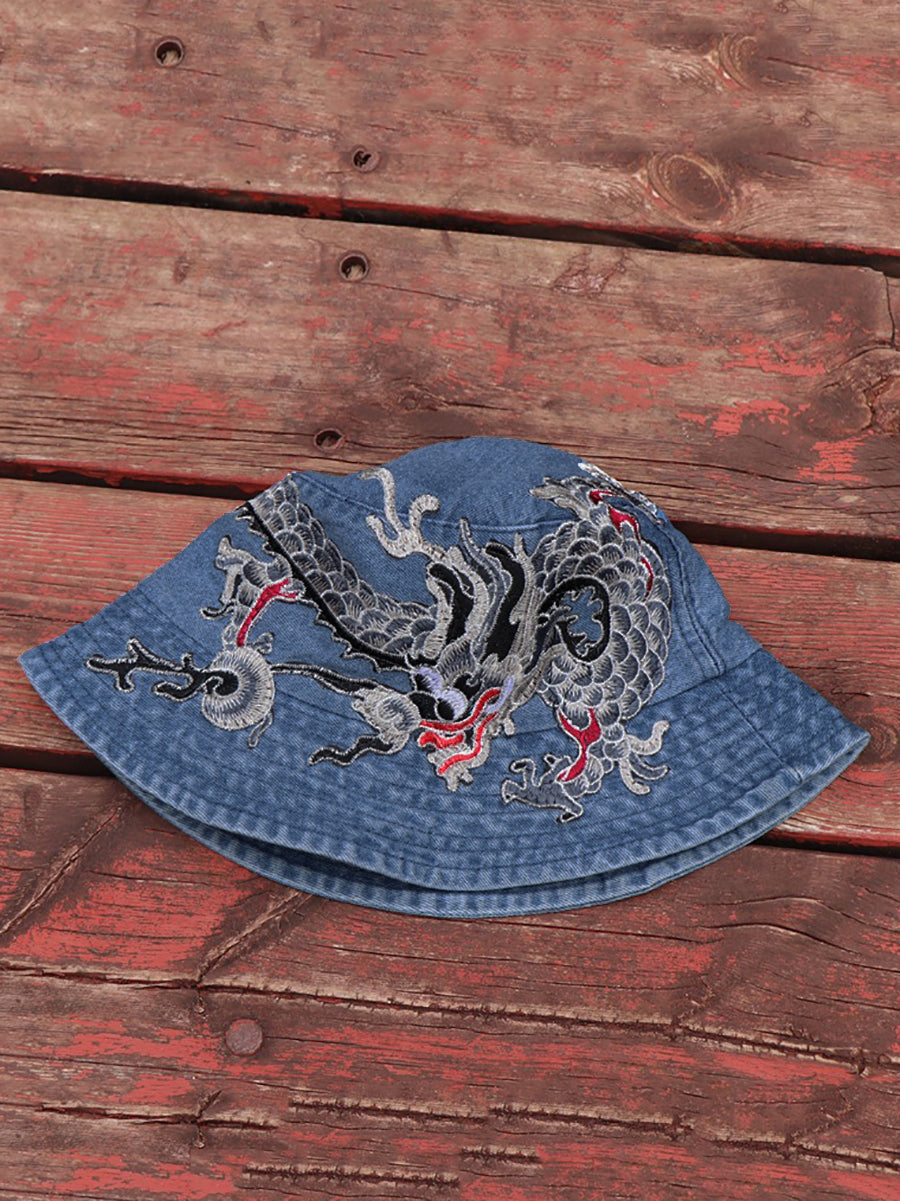 Women Retro Flower Embroidery Denim Bucket Hat