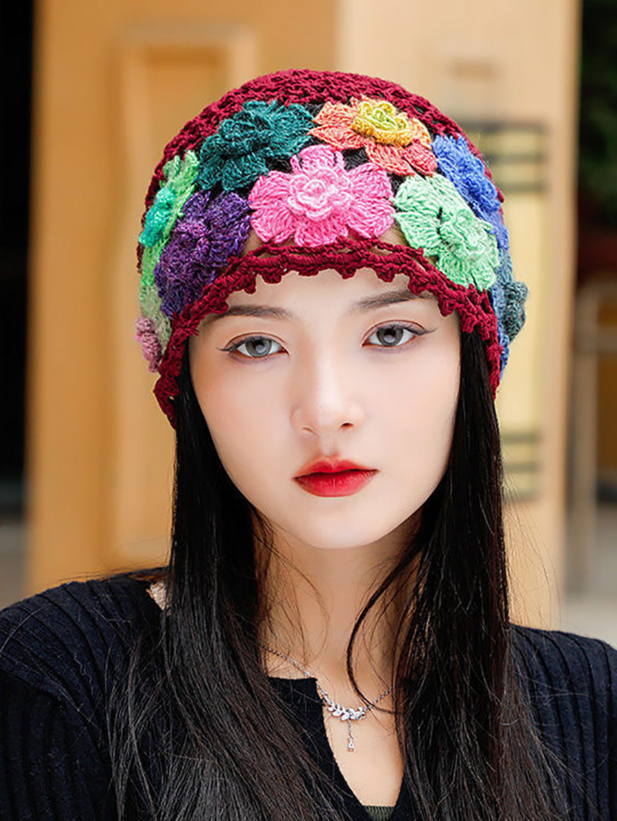 Women Artsy Colorful Flower Knit Hat