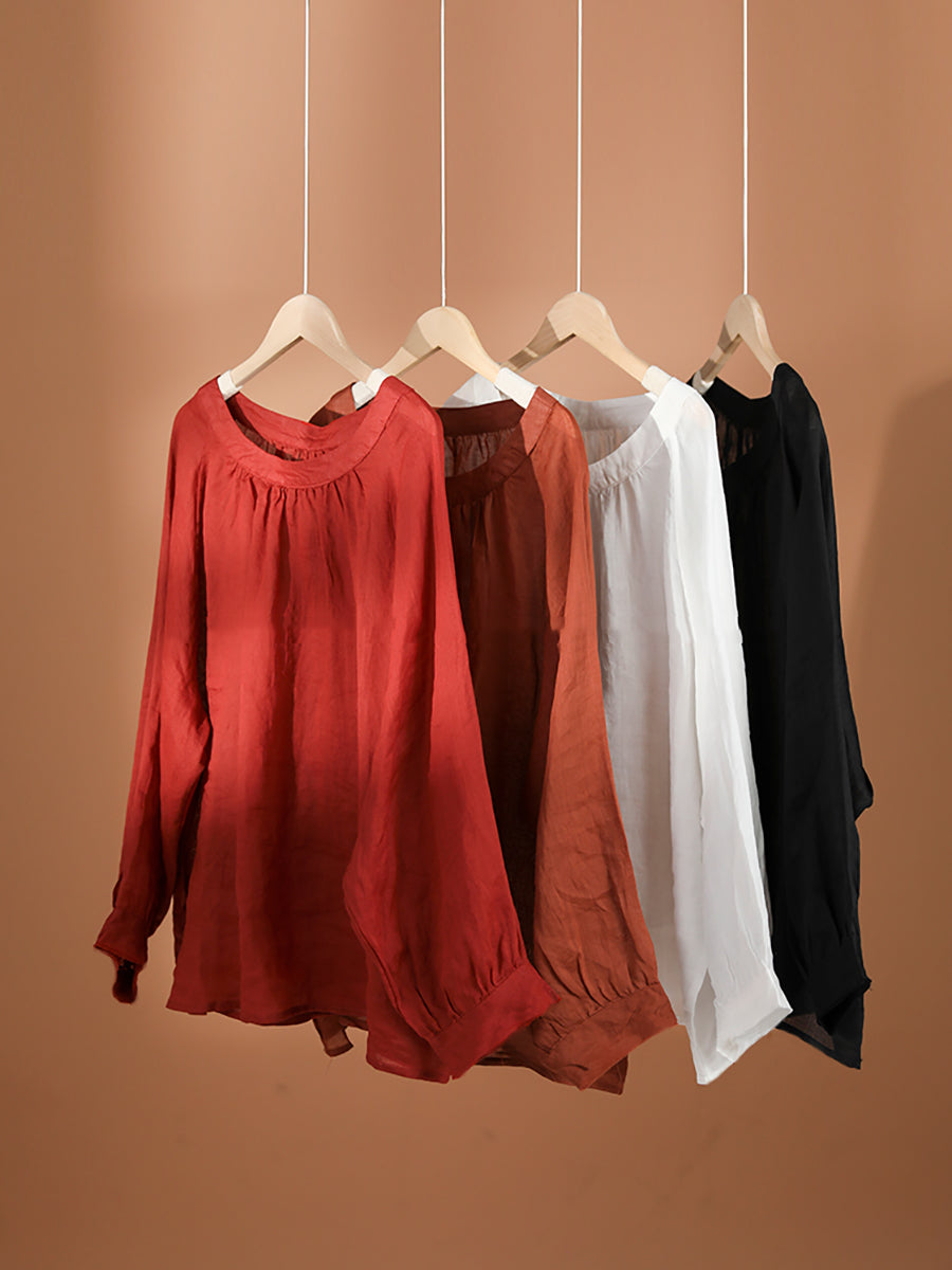 Plus Size Women Summer Solid Vintage Full Sleeve Ramie Blouse