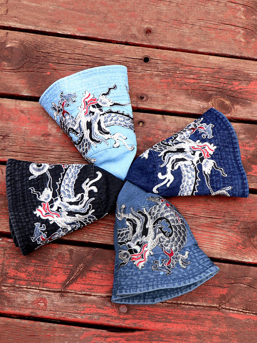 Women Retro Flower Embroidery Denim Bucket Hat