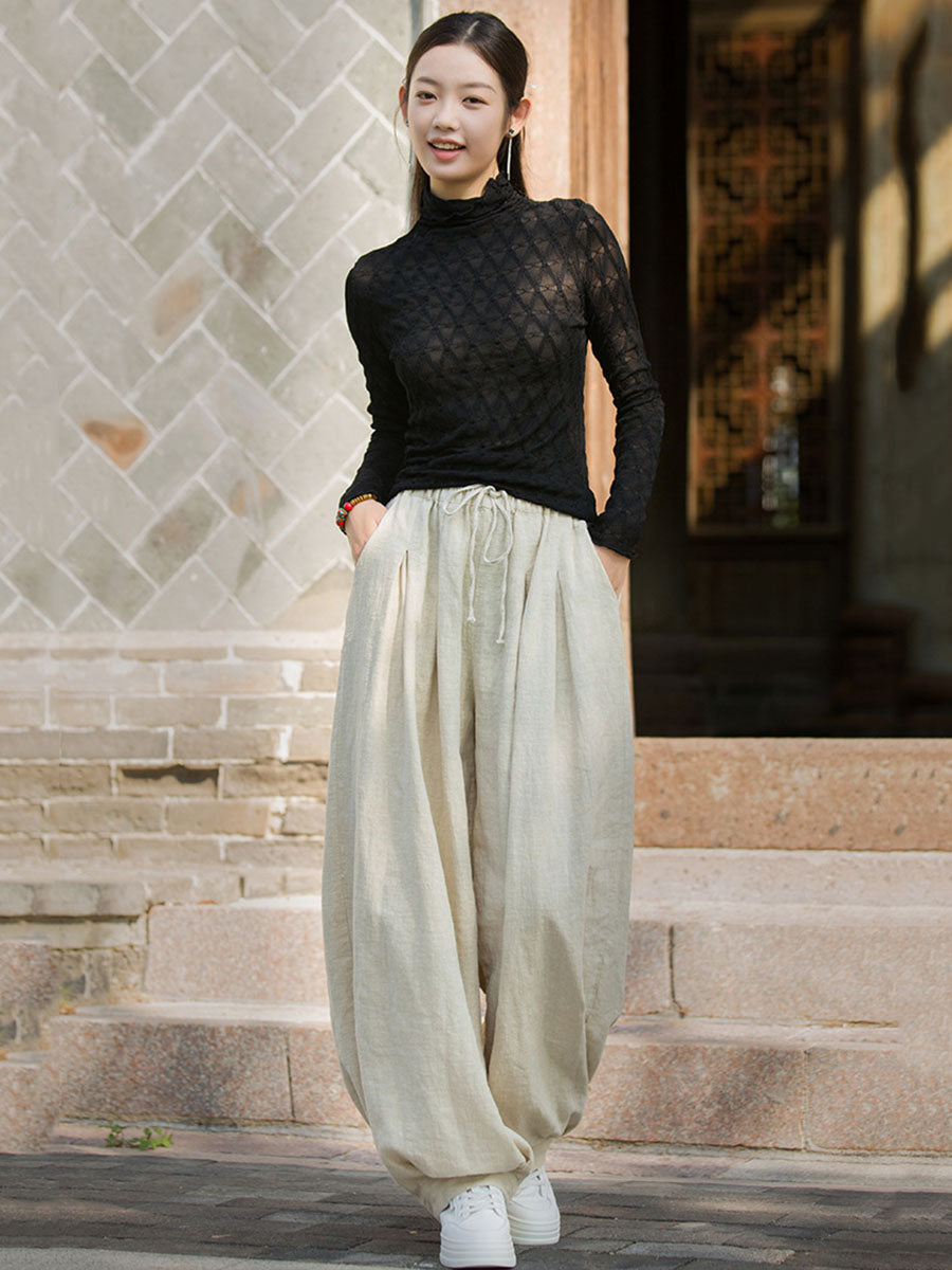 Women Autumn Vintage Solid Ramie Loose Harem Pants