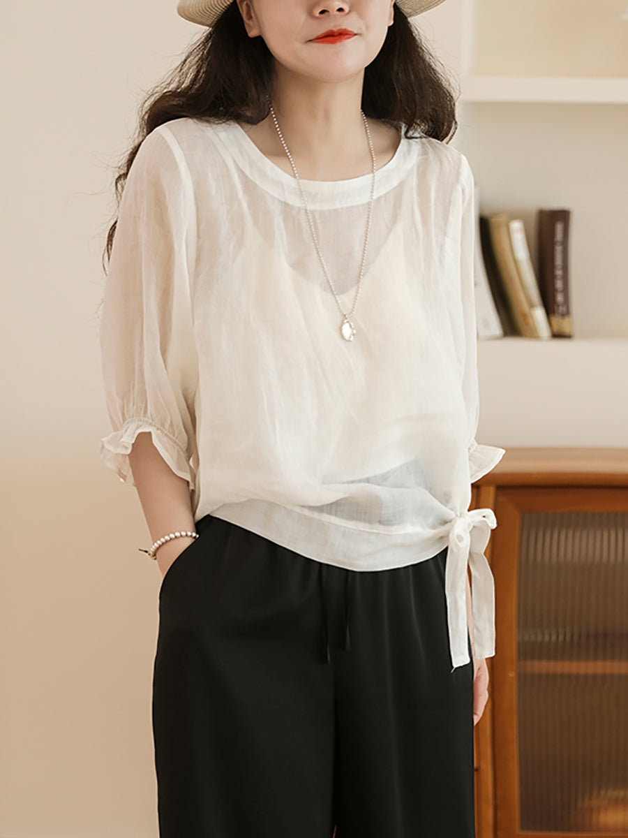 Women Casual Solid Summer Lacework Sleeve Drawstring Blouse