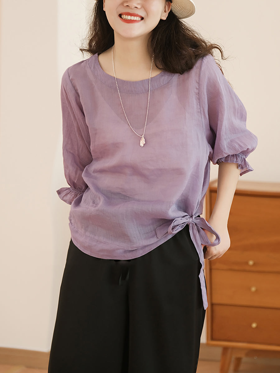 Women Casual Solid Summer Lacework Sleeve Drawstring Blouse