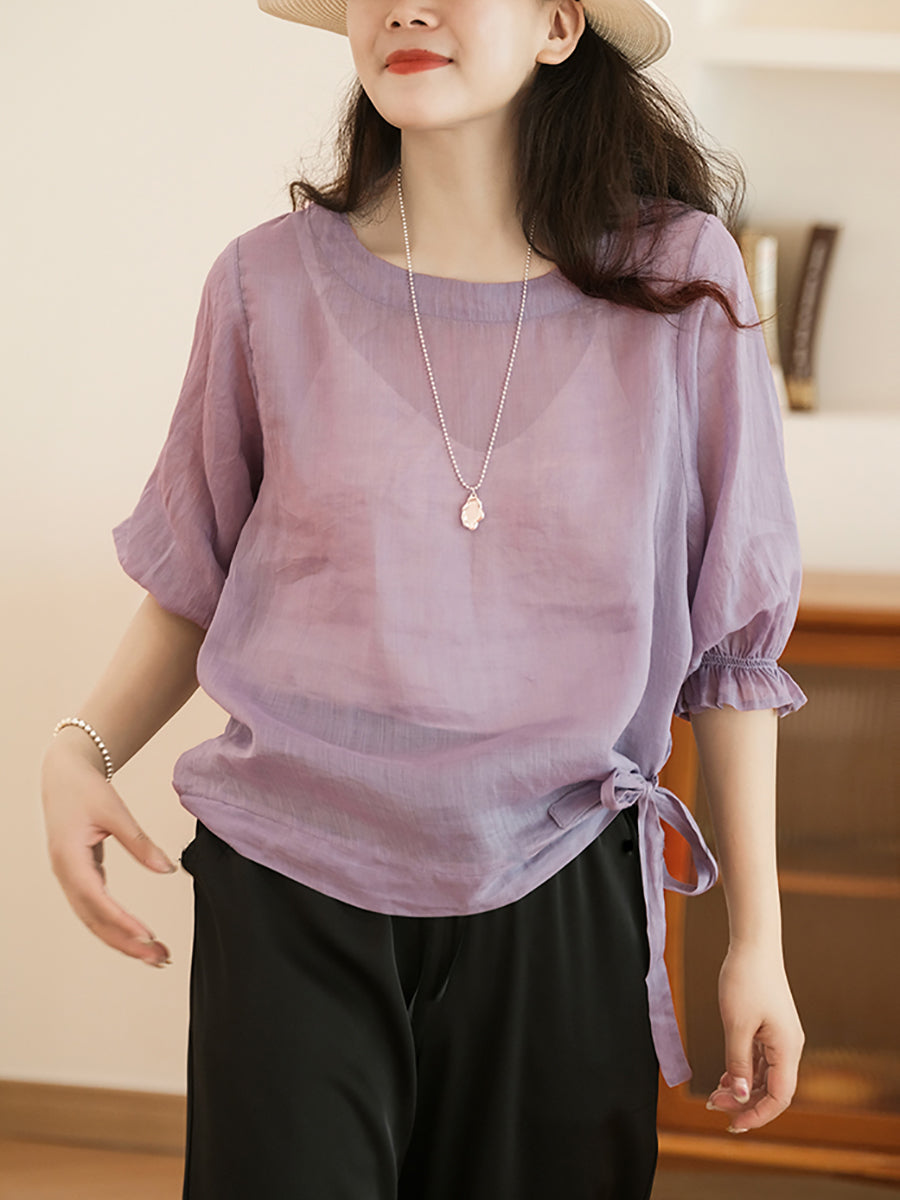 Women Casual Solid Summer Lacework Sleeve Drawstring Blouse