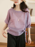 Women Casual Solid Summer Lacework Sleeve Drawstring Blouse