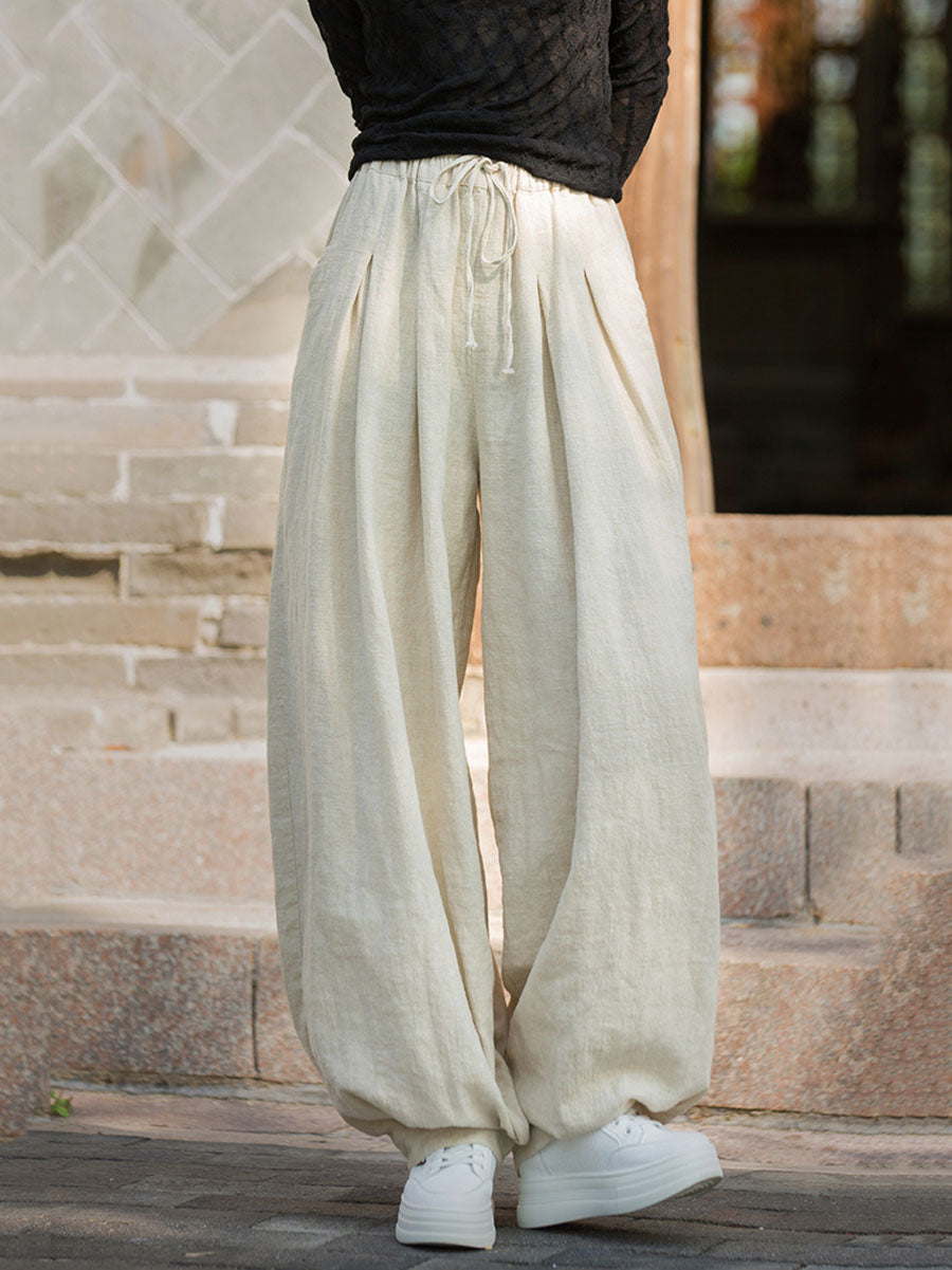 Women Autumn Vintage Solid Ramie Loose Harem Pants