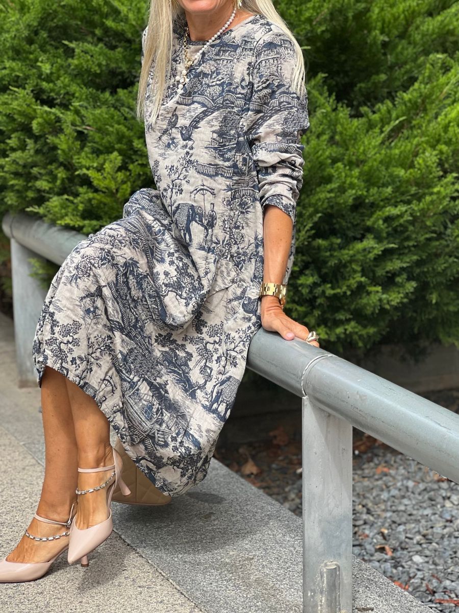Women's Plus Size Cotton Vintage Casual Loose Toile Print Maxi Dress