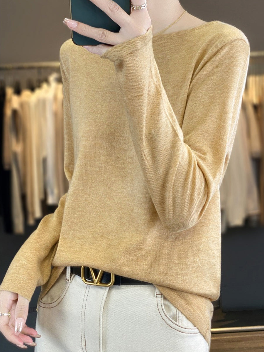 Women Autumn Casual Pure Color O-Neck Knit Sweater