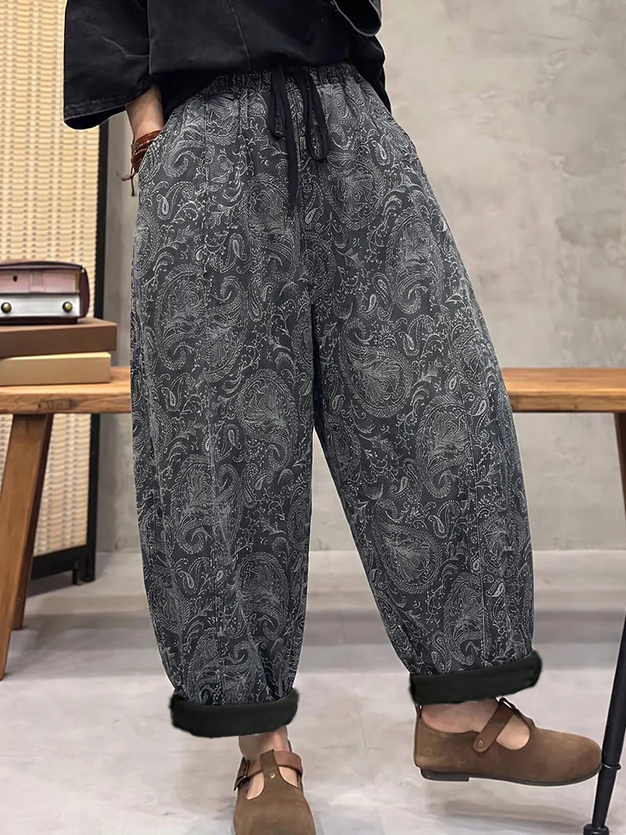 Plus Size Women Retro Flower Denim Fleece-Lined Harem Pants