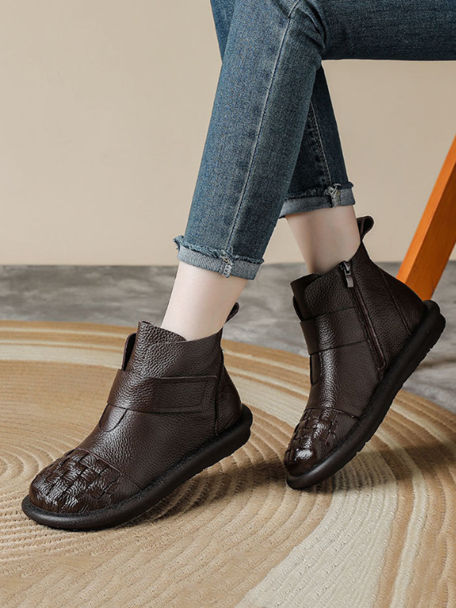Women Winter Retro Genuine Leather Casual Short Boots