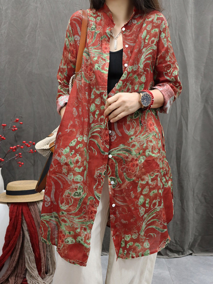 Plus Size Women Vintage Flower Stand Collar 100%Linen Long Shirt