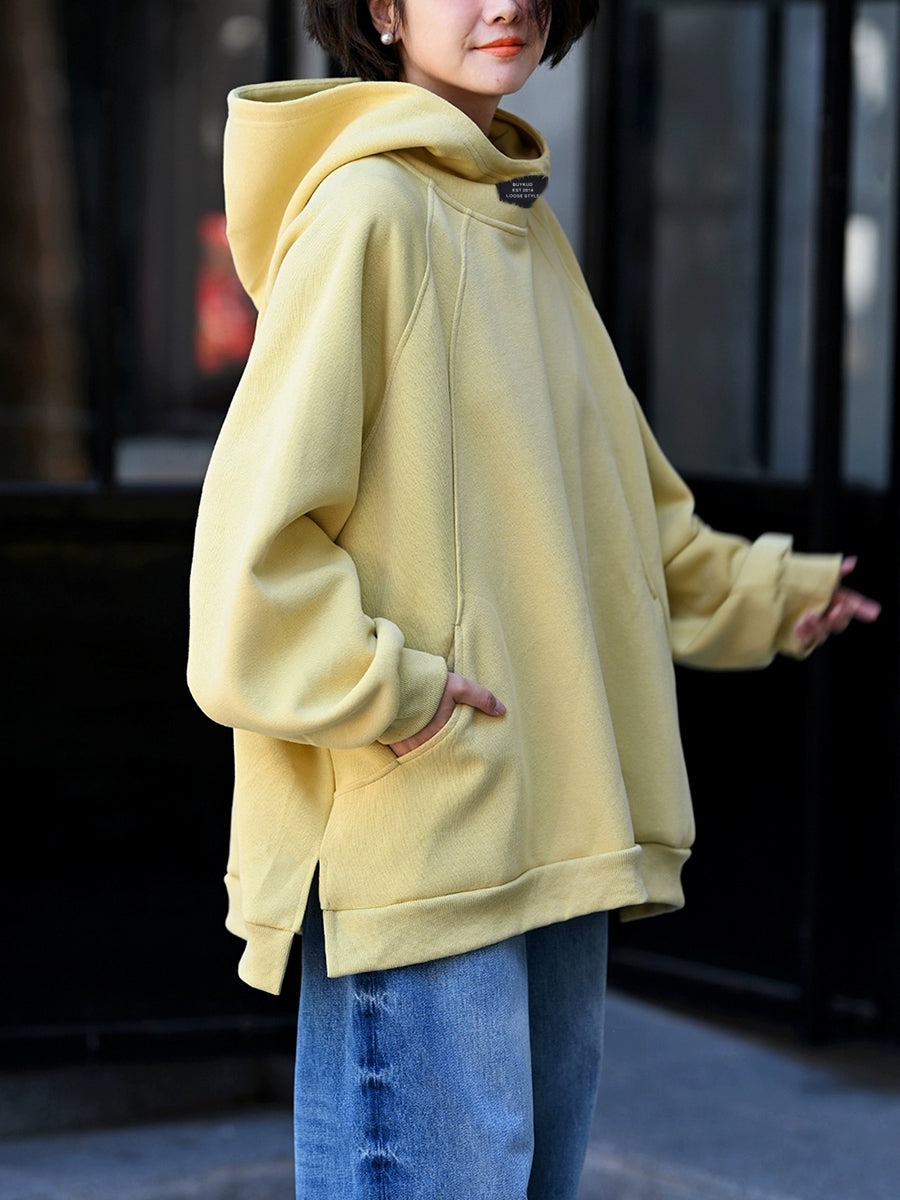 Plus Size Women Autumn Casual Pure Color Cotton Hoodie