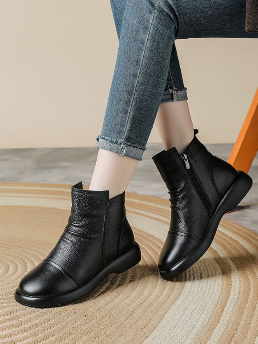 Women Vintage Leather Ruched Soft Ankle Boots