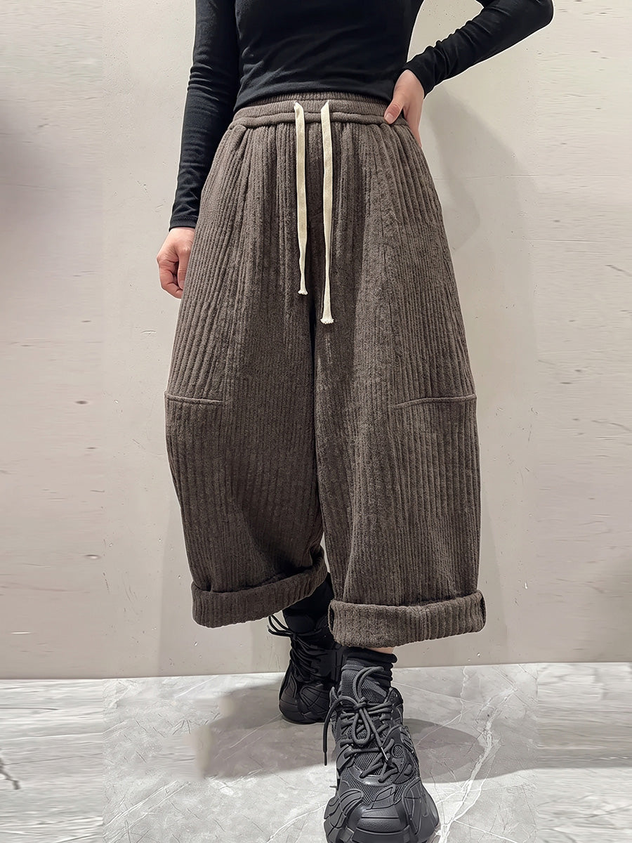 Plus Size Women Casual Solid Drawstring Wide-Leg Pants