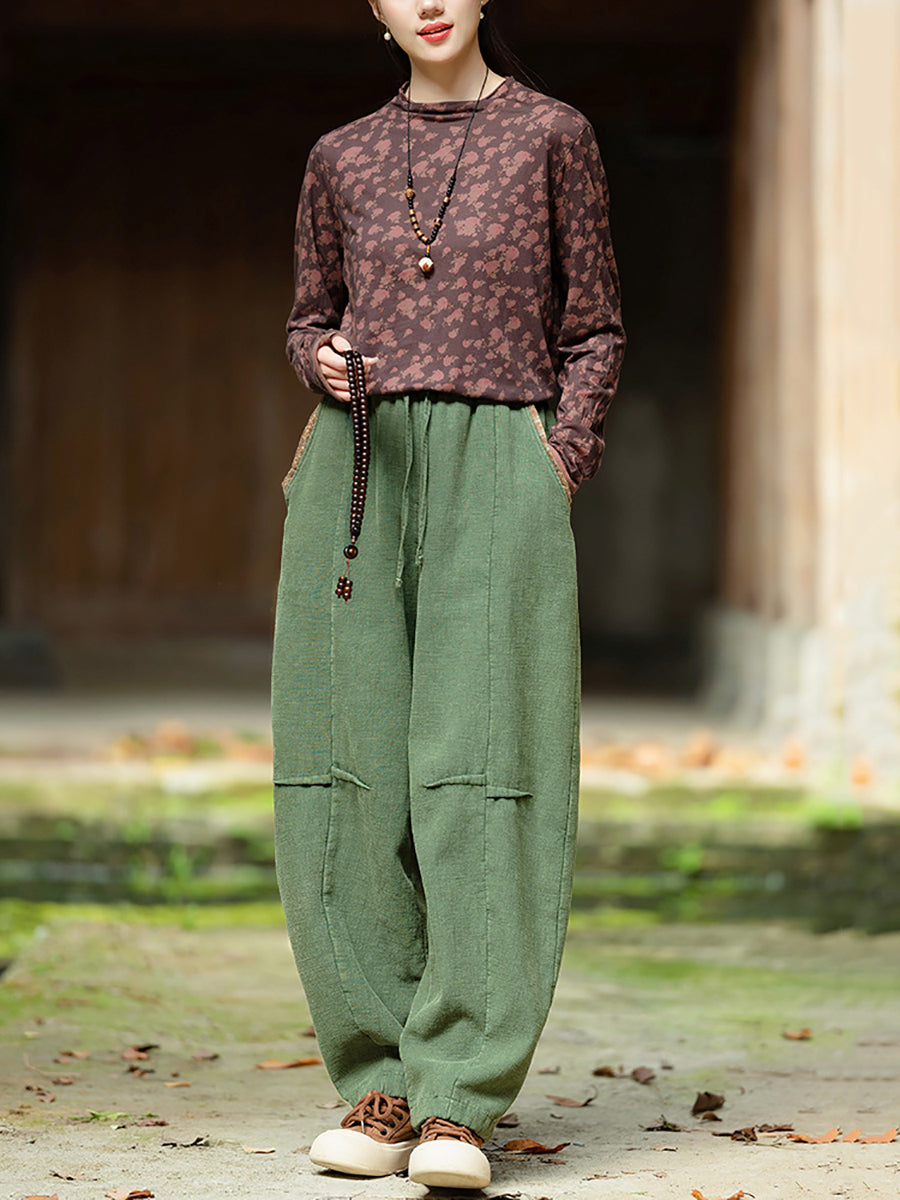 Plus Size Women Winter Retro Solid Spliced Padded Harem Pants