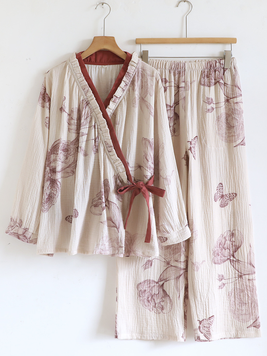 Women Vintage Floral Wrap-Front Pure Cotton Gauze Pajama Set