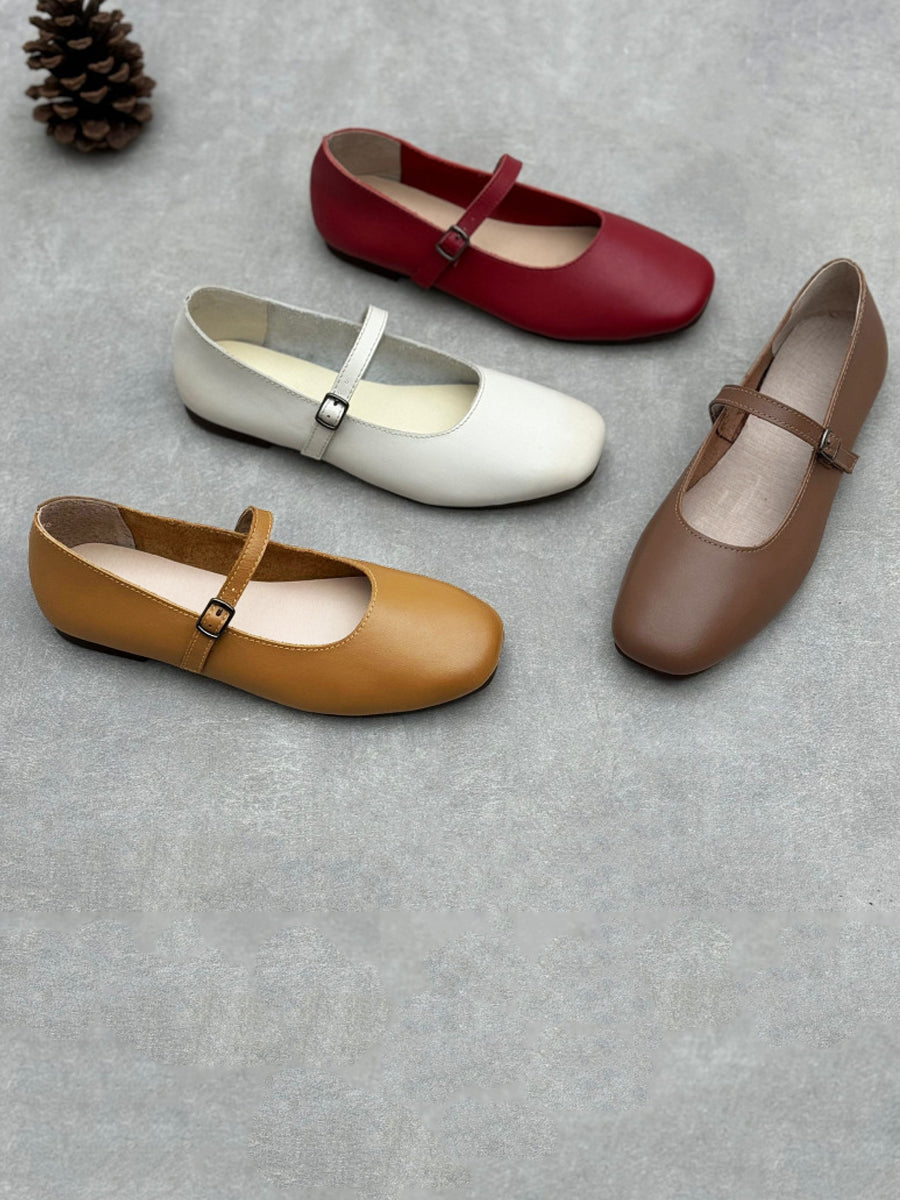 Women Elegant Solid Leather Low Heel Mary Jane Shoes
