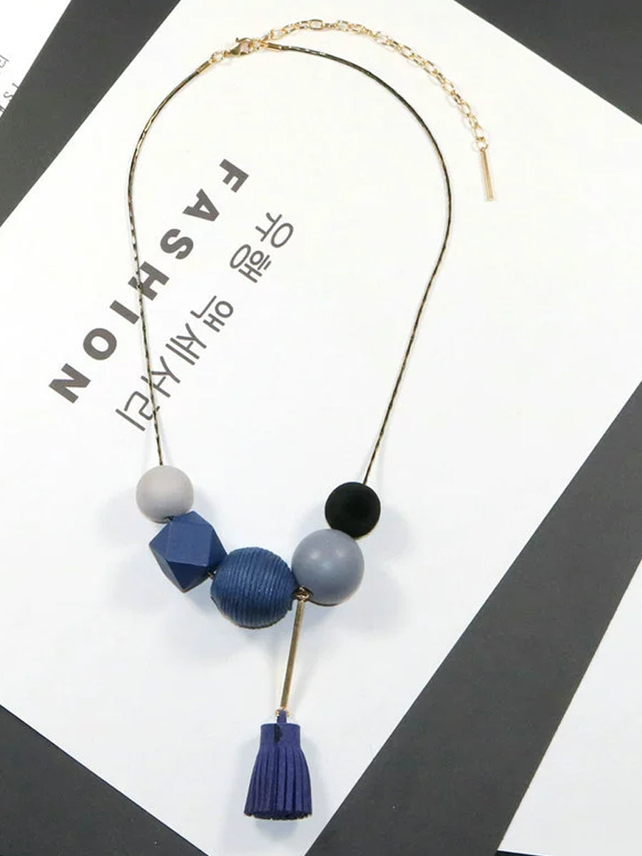 Women Vintage Alloy Wood Line Ball Necklace