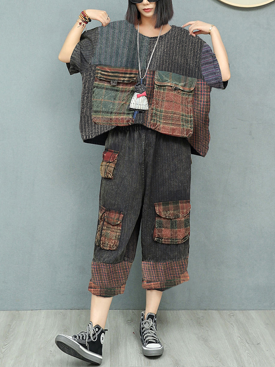 Plus Size Women Summer Vintage Patchwork Loose Suits