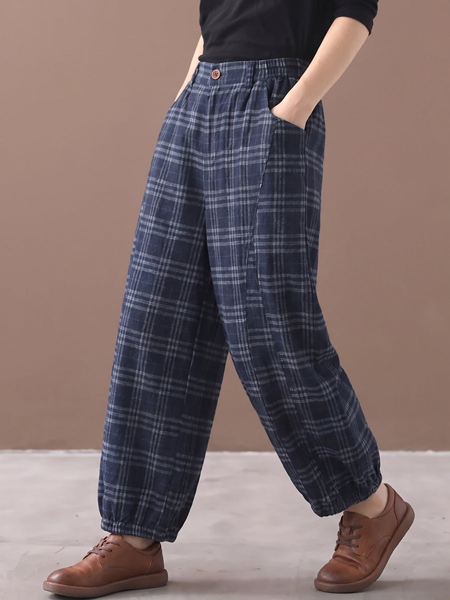 Plus Size Women Vintage Plaid Loose Balloon Pants