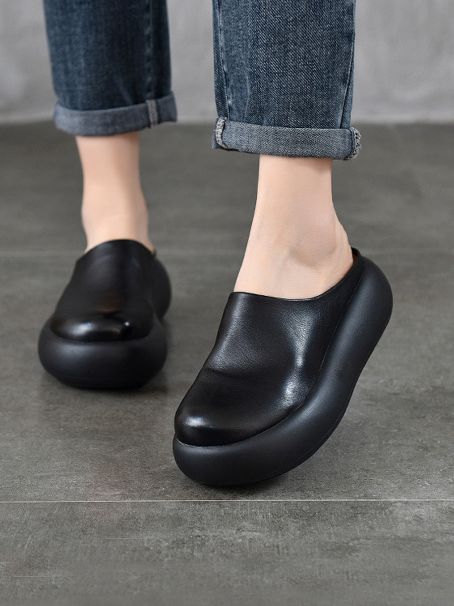Women Summer Pure Color Soft Leather Platform Slippers