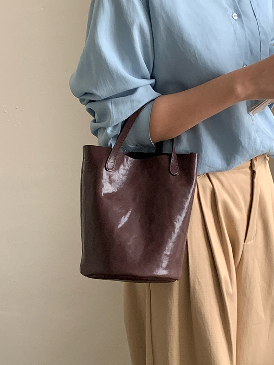 Vintage Top-Grain Leather Bucket Crossbody Bag
