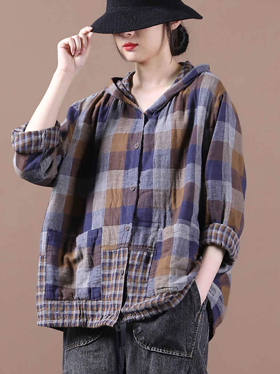 Plus Size Loose Stitching Drawstring Cotton Linen Shirt