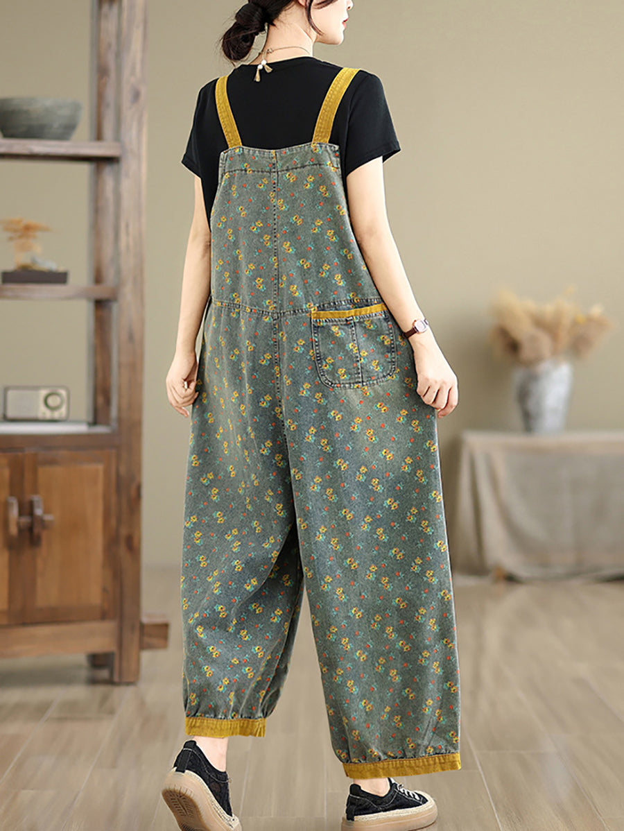 Plus Size Women Summer Casual Floral Denim Wide-leg Jumpsuits