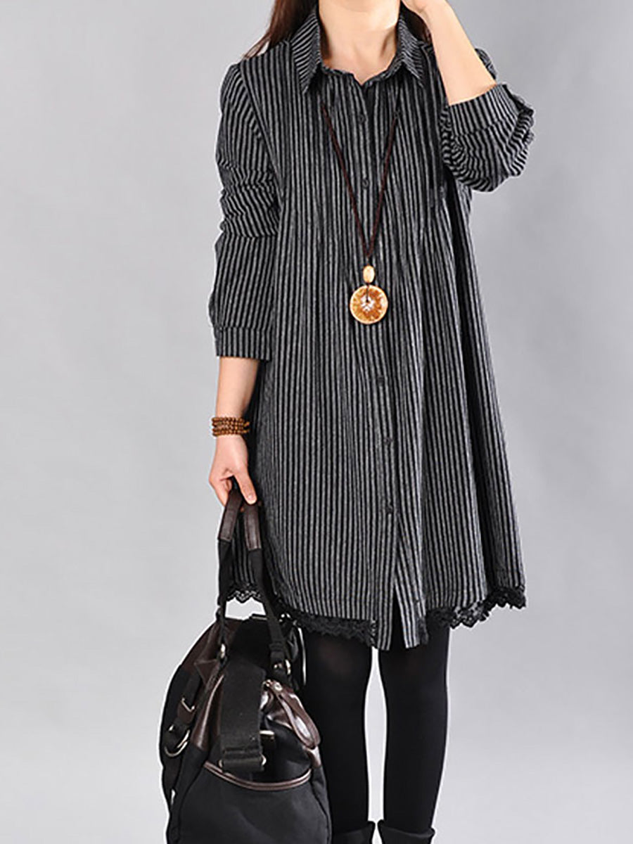 Plus Size Loose Cotton Linen Stripe Lace Hem Shirt Dress