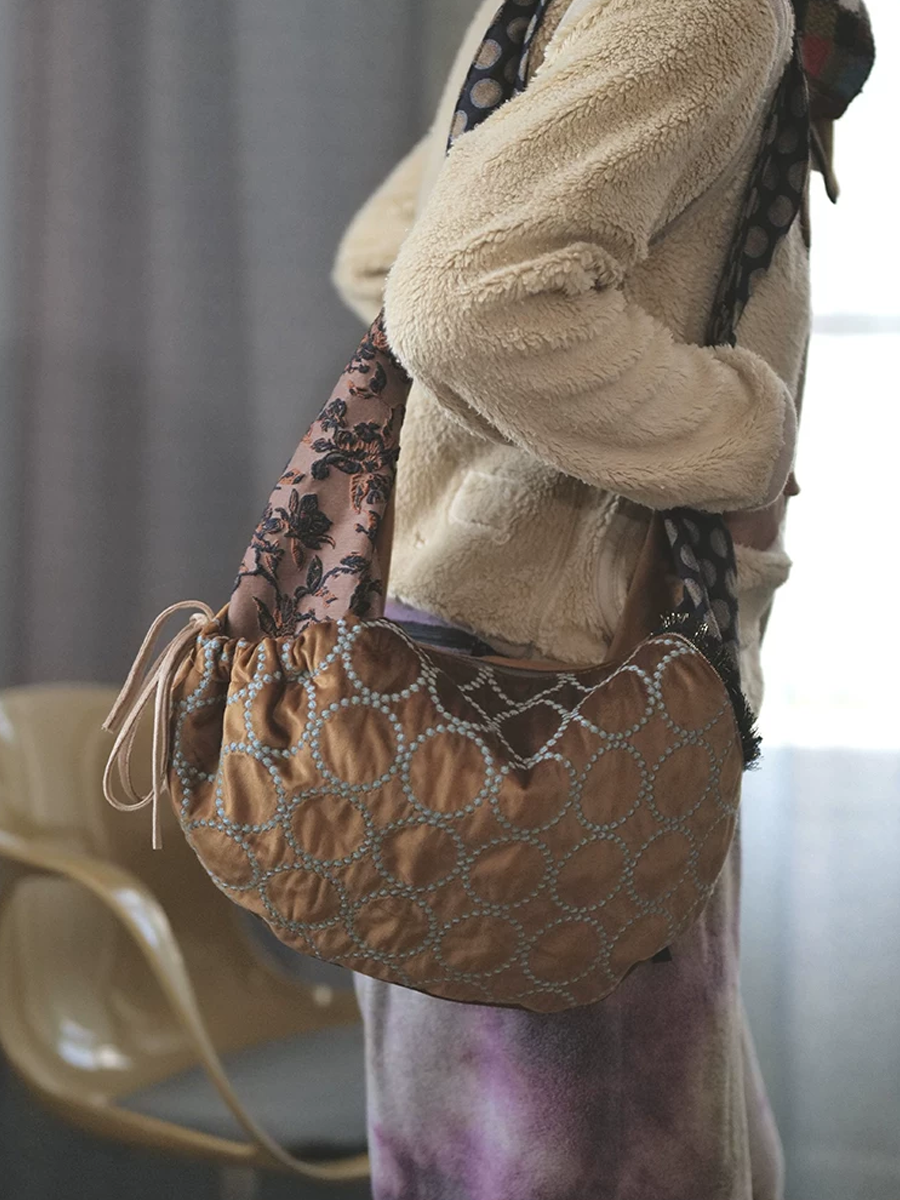 Vintage Embroidered Crescent Shoulder Bag