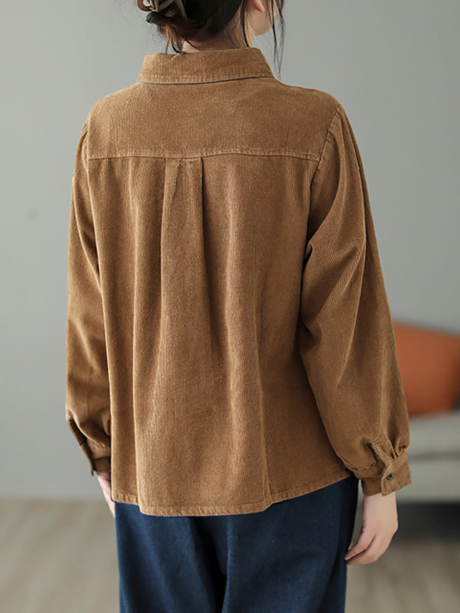 Plus Size Women Autumn Pure Color Turn-down Collar Corduroy Shirt