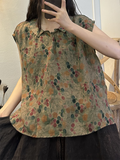 Plus Size Women Summer Vintage Flower Ramie Blouse
