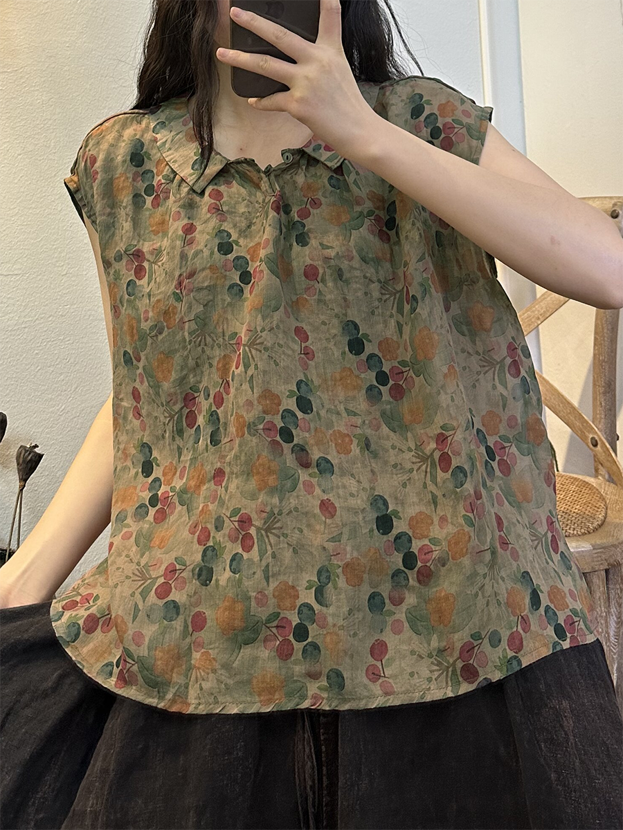 Plus Size Women Summer Vintage Flower Ramie Blouse