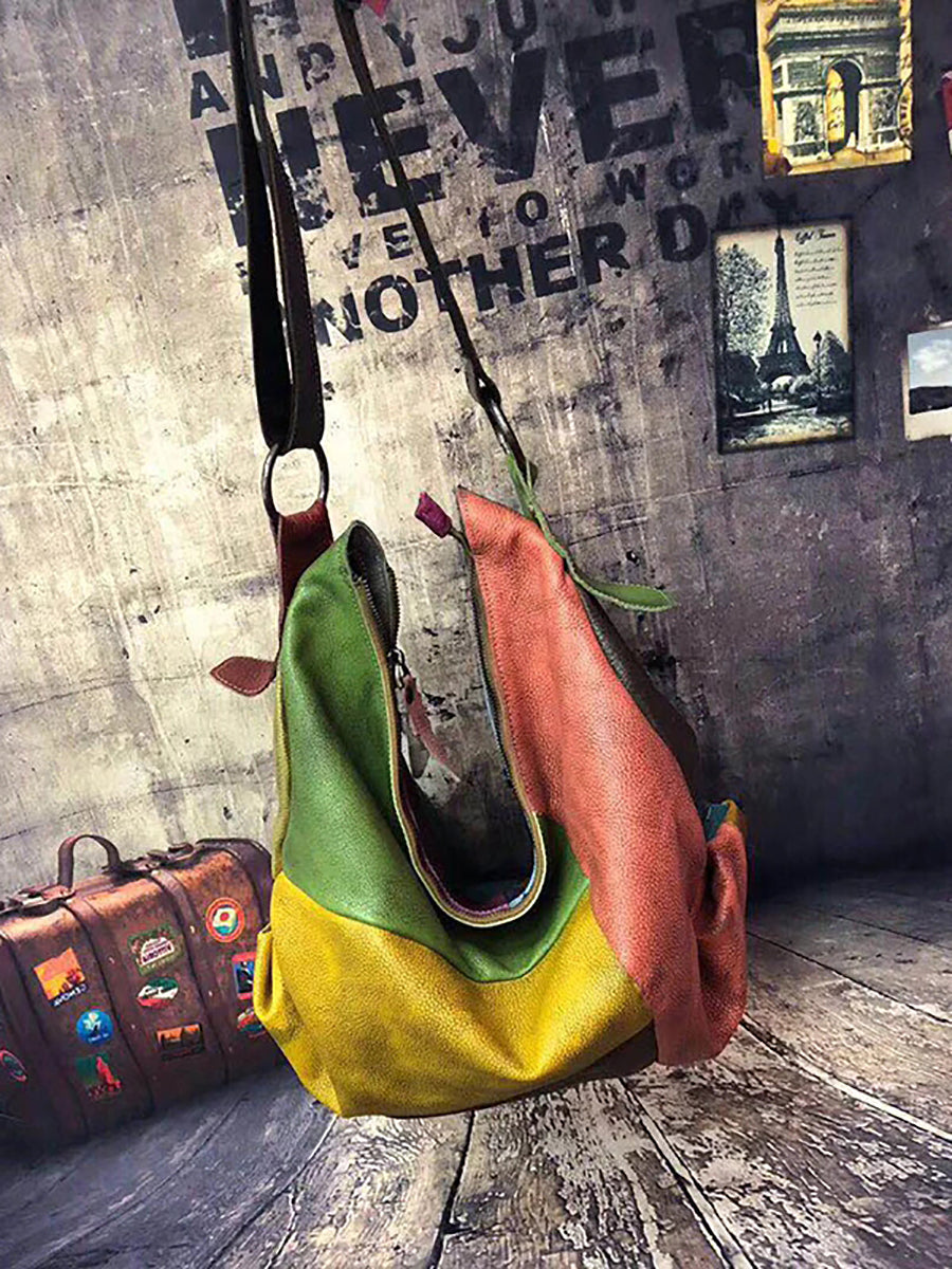 Retro Leather Crossbody Bag for Women - Contrast Color Shoulder Bag | Vintage Style Handbag with Cotton Lining