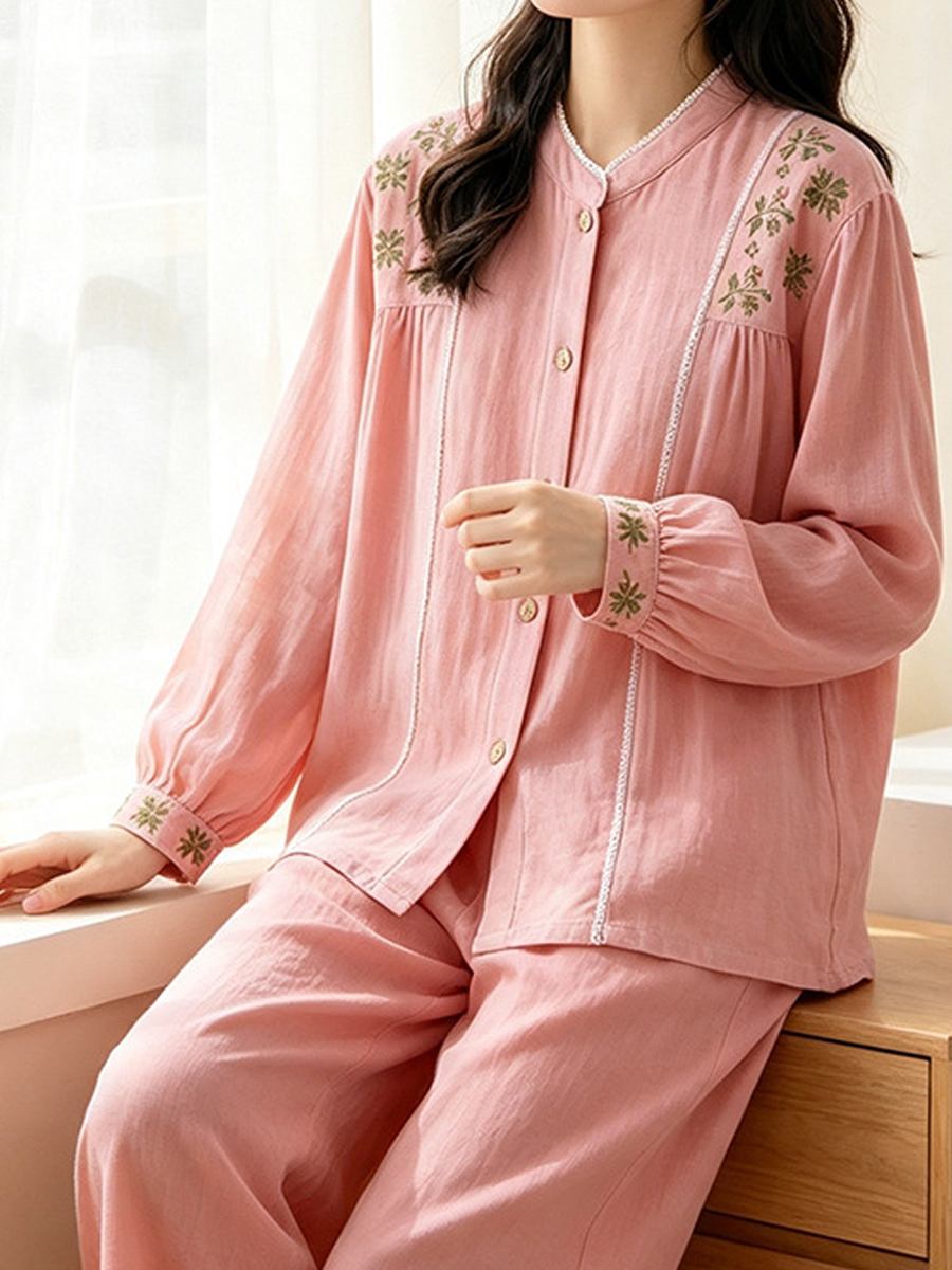 Women Vintage Embroidered Cotton Gauze Pajama Set