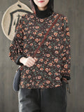 Plus Size Vintage Flower Half-high Collar Spliced Cotton Blouse