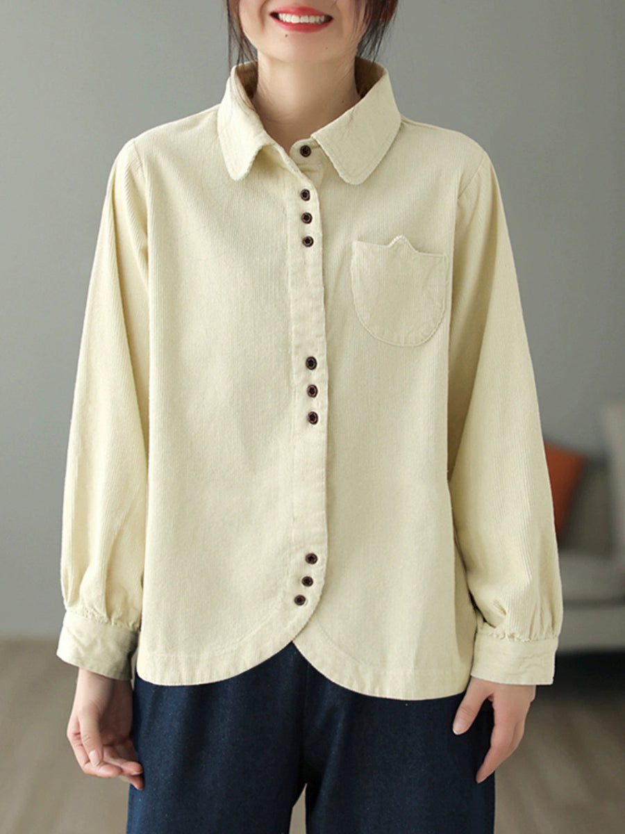 Plus Size Women Autumn Pure Color Turn-down Collar Corduroy Shirt