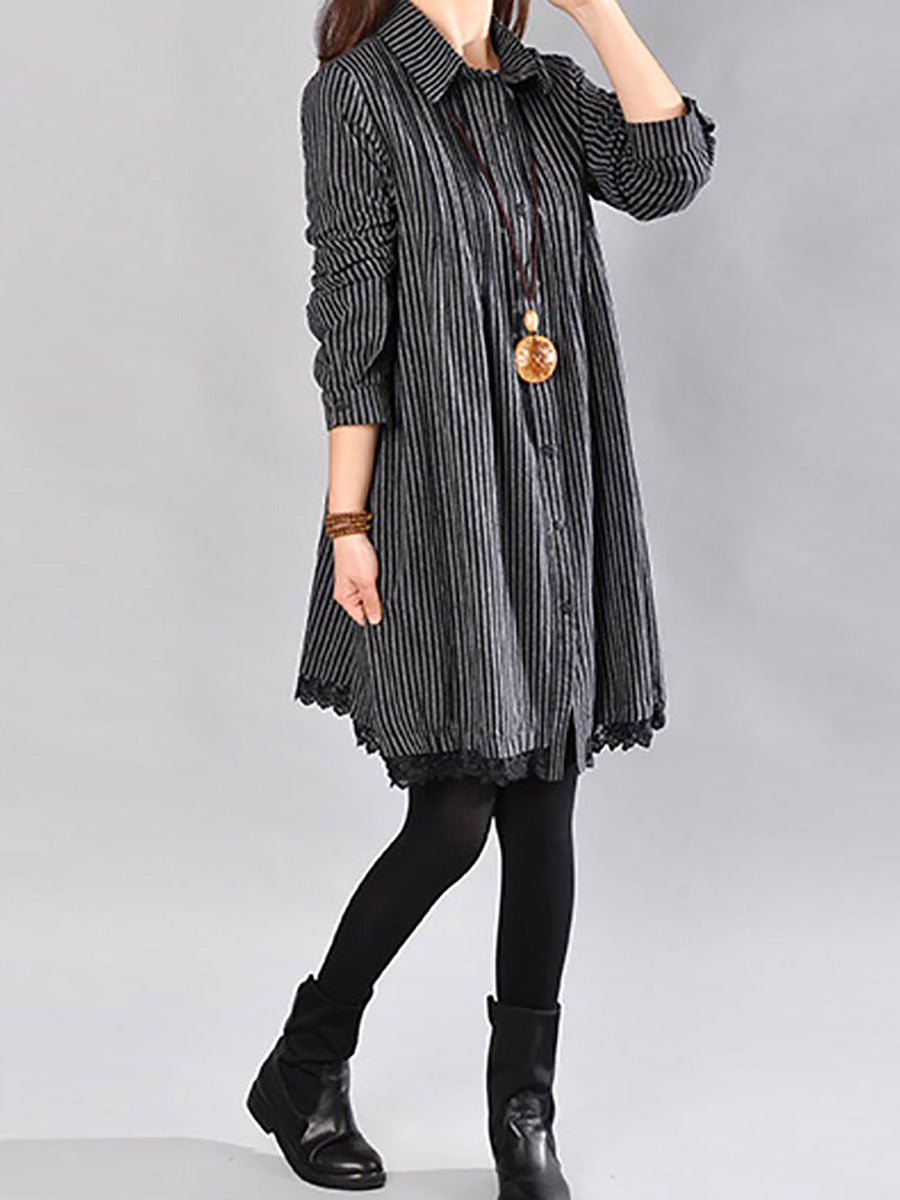 Plus Size Loose Cotton Linen Stripe Lace Hem Shirt Dress