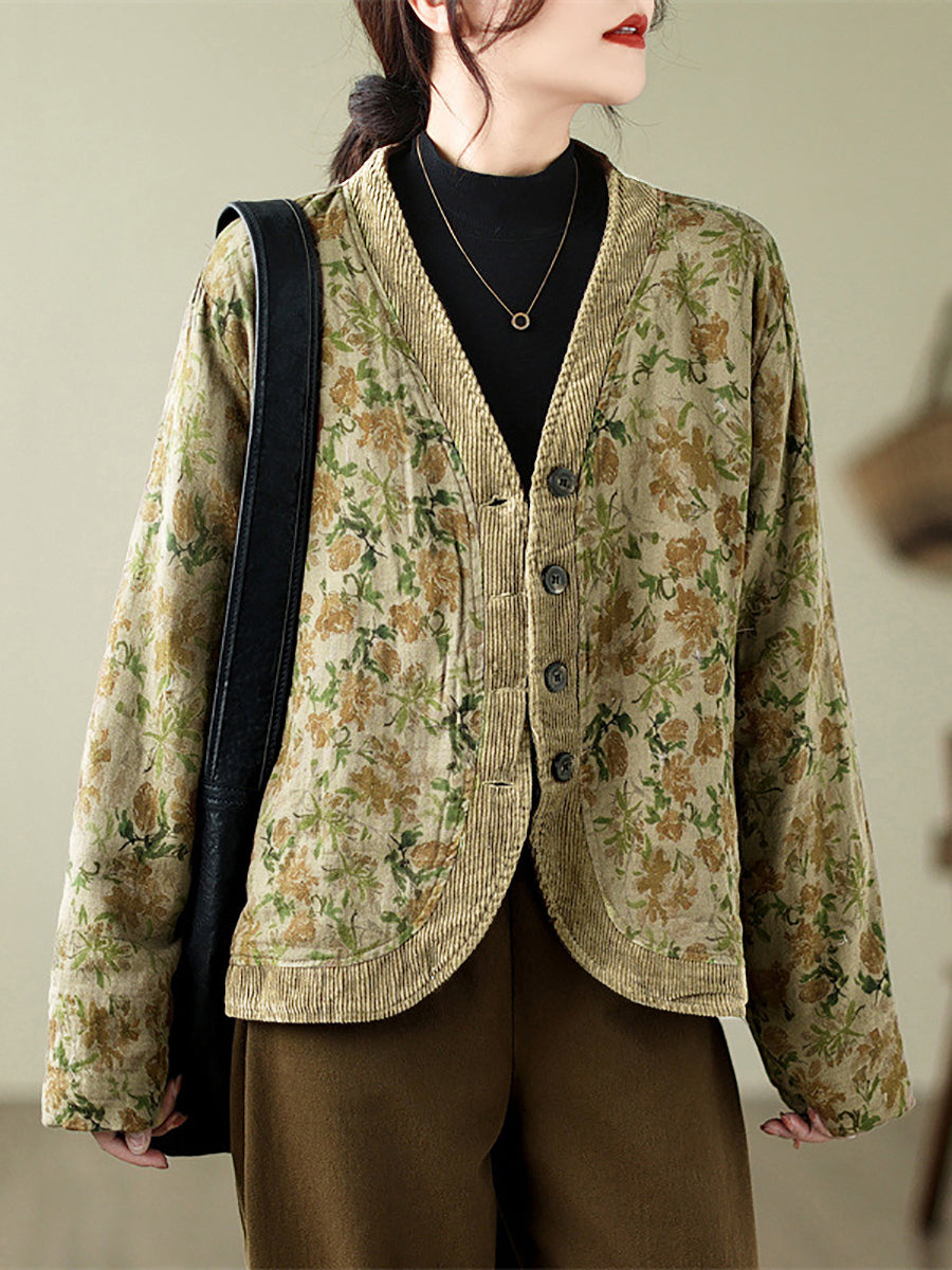 Plus Size Women Retro Floral Spliced V-Neck Padded Jacket