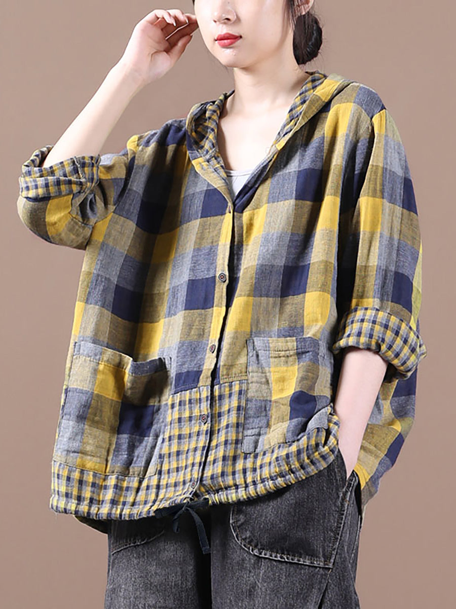 Plus Size Loose Stitching Drawstring Cotton Linen Shirt