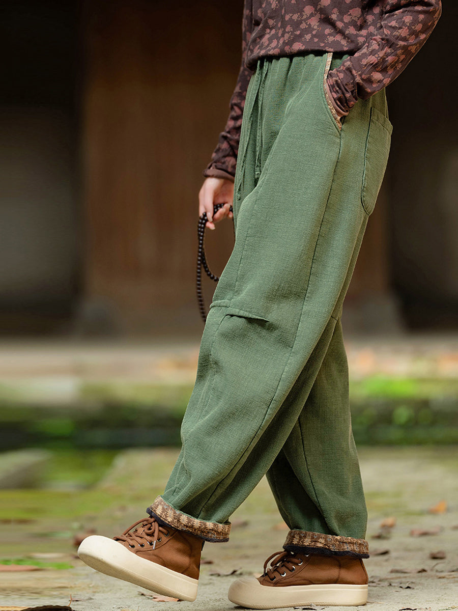 Plus Size Women Winter Retro Solid Spliced Padded Harem Pants
