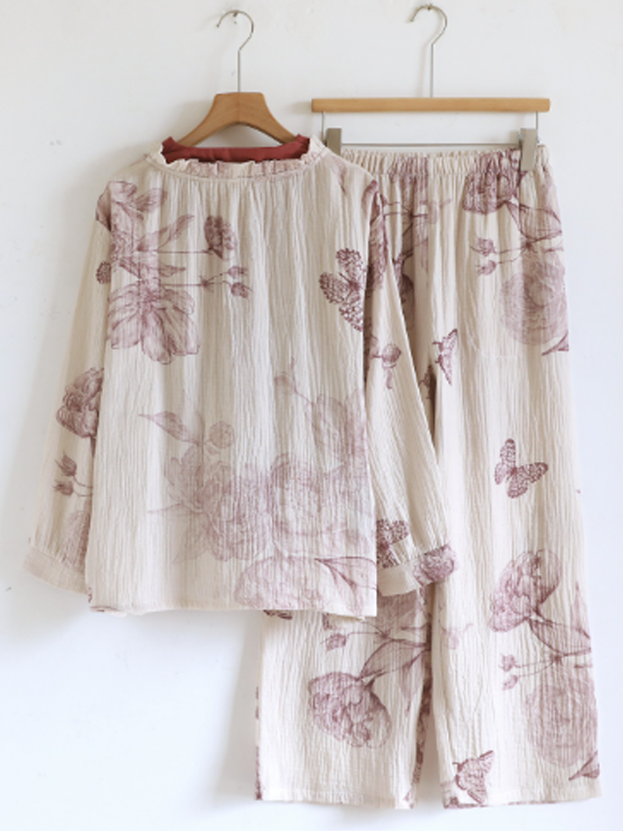 Women Vintage Floral Wrap-Front Pure Cotton Gauze Pajama Set