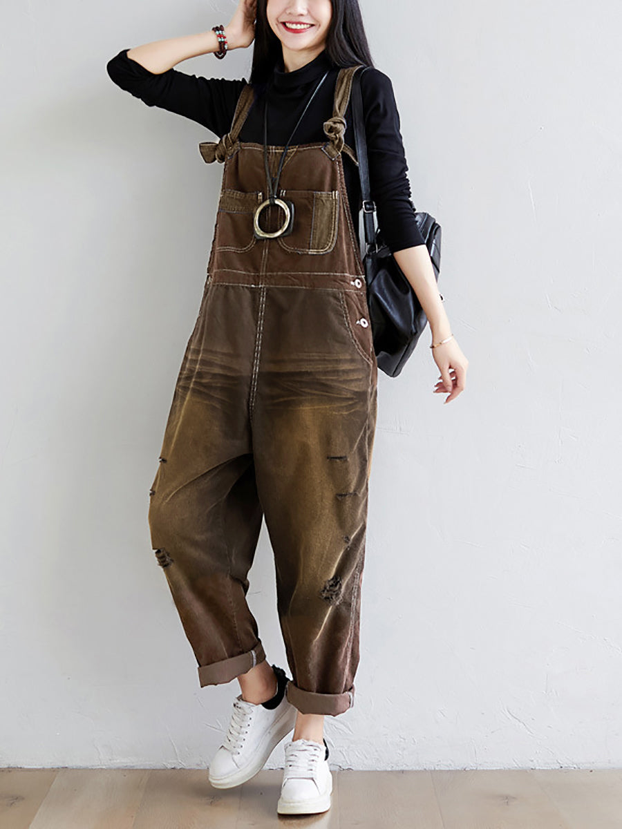 Women Retro Colorblock Autumn Denim Jumpsuits