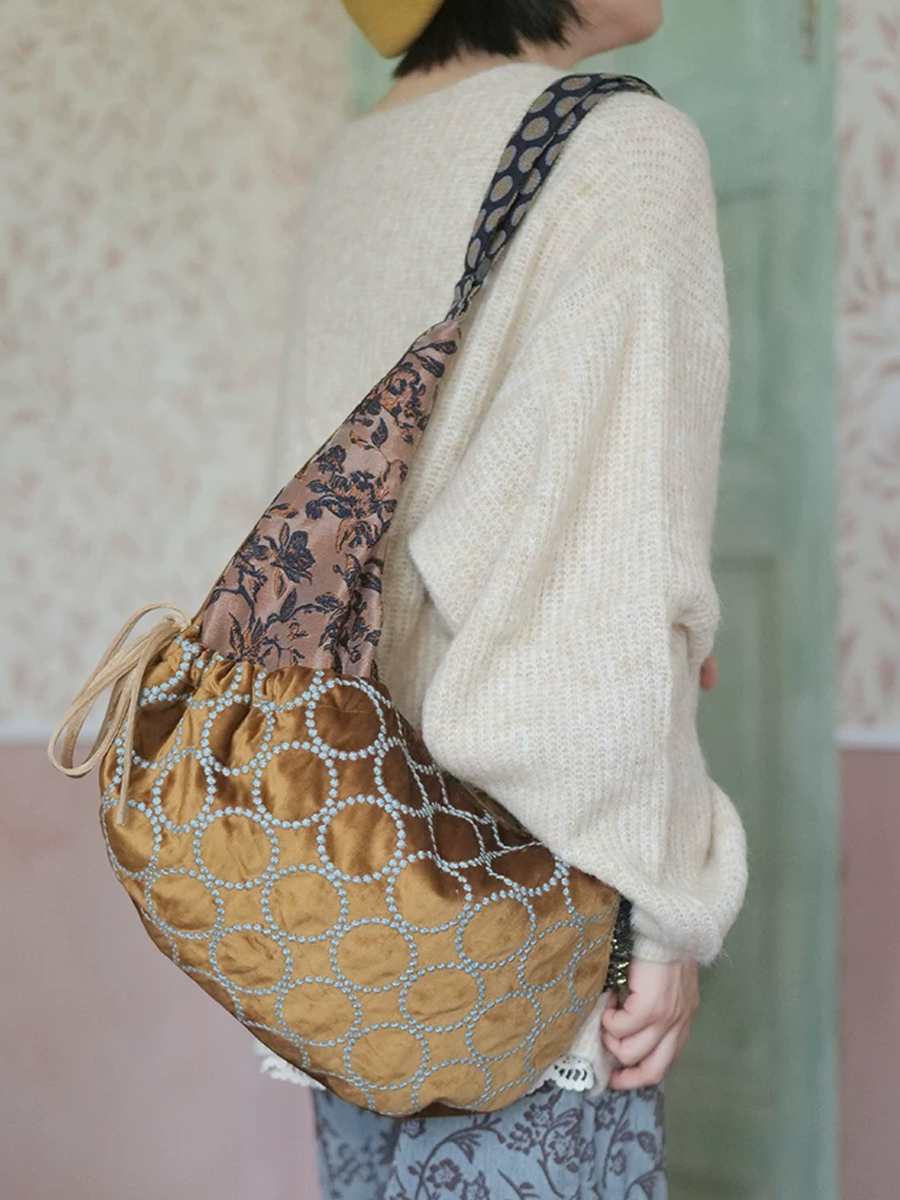 Vintage Embroidered Crescent Shoulder Bag