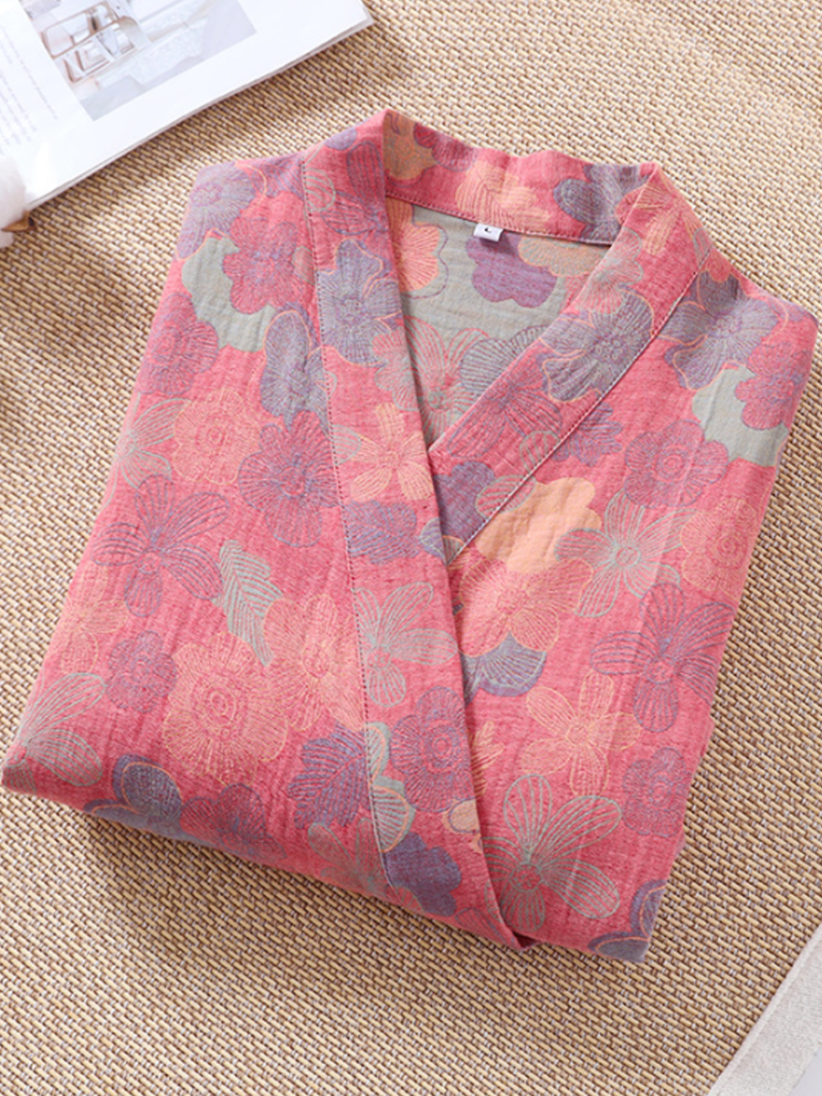 Vintage Floral 100% Cotton Double-Layer Gauze Robe