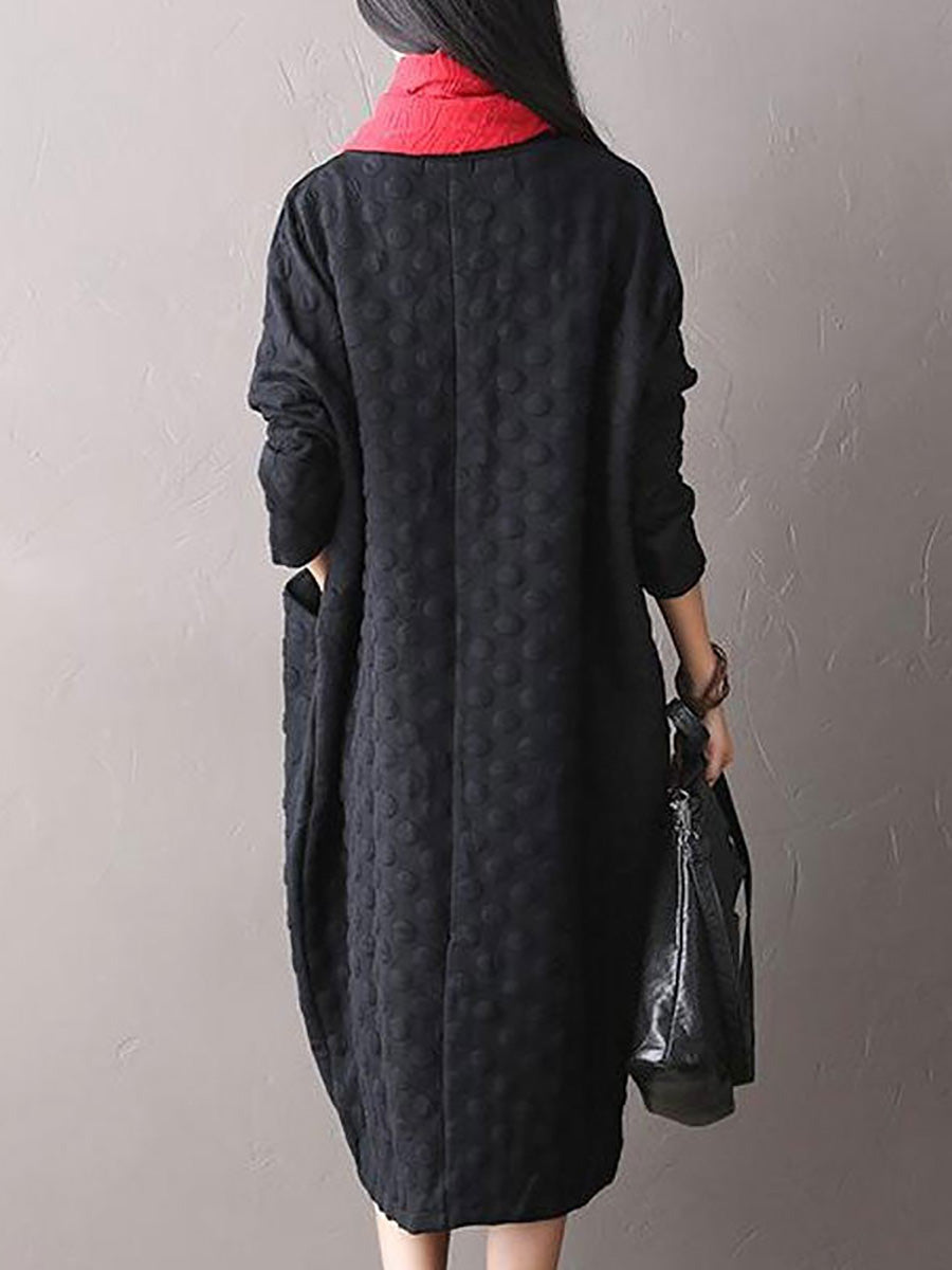 Plus Size Solid Embossed Dot Stretch Long Sleeve Dress