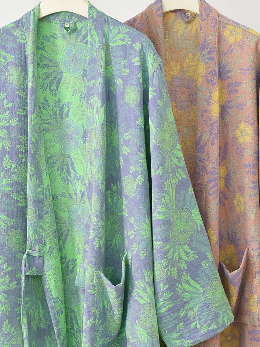 Women 100% Cotton Double-Layer Floral Jacquard Gauze Robe