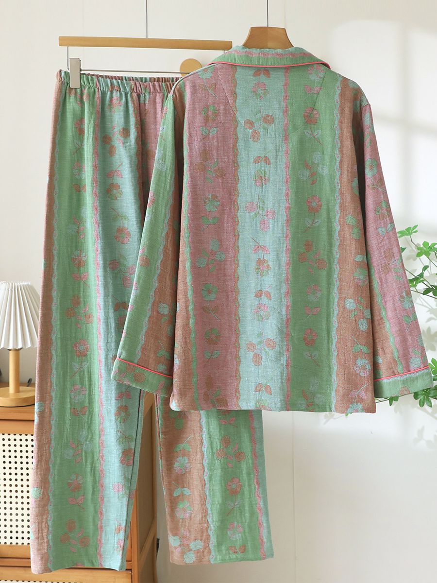 Plus Size Vintage Floral Jacquard Long-Sleeve Pajama Set