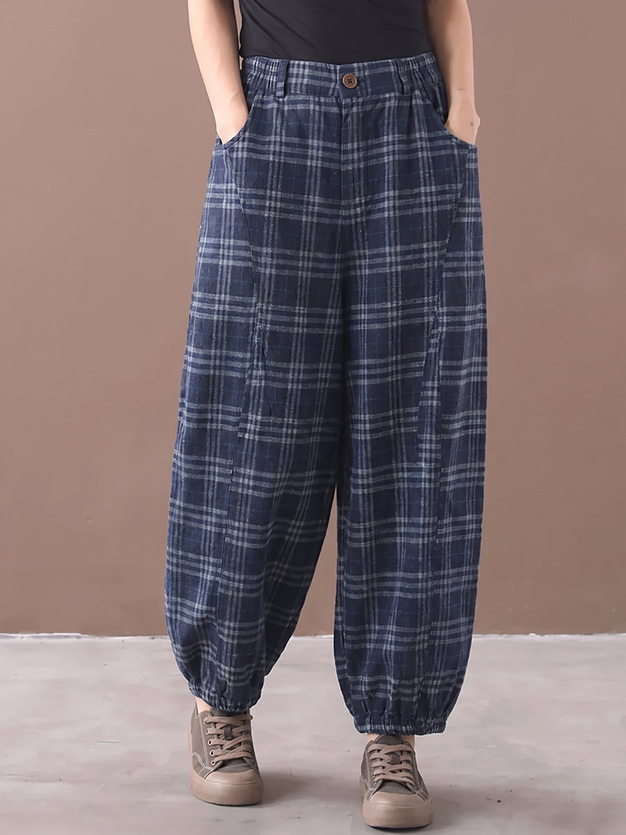Plus Size Women Vintage Plaid Loose Balloon Pants