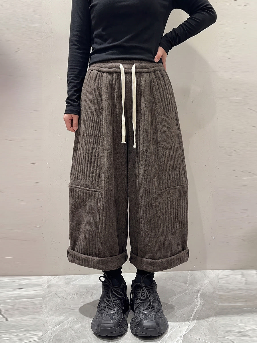 Plus Size Women Casual Solid Drawstring Wide-Leg Pants